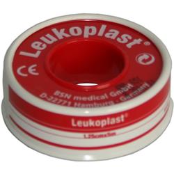 Rote Rolle mit medizinischem Klebeband, Aufschrift "Leukoplast".