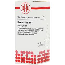 Weiße Arzneimittelverpackung mit der Aufschrift "Nux vomica D 6" und roten Mustern.
