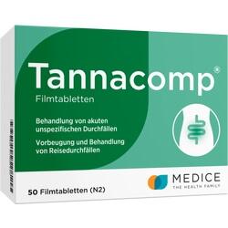 Grüne Verpackung von Tannacomp-Tabletten zur Behandlung und Vorbeugung von Durchfall.