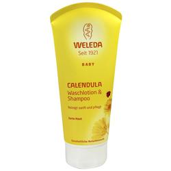 Gelbe Flasche mit Baby-Waschlotion und Shampoo von Weleda.