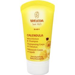 Eine gelbe Weleda-Babylotion- und Shampooflasche mit Ringelblumenmotiv.
