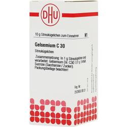 Weiße Packung mit rotem Aufdruck "Gelsemium C 30" auf der Vorderseite.