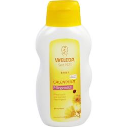 Weiß-gelbe Flasche mit Baby-Pflegemilch von Weleda.
