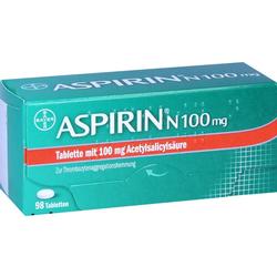 Grüne Aspirin-Verpackung mit 98 Tabletten à 100 mg Acetylsalicylsäure.