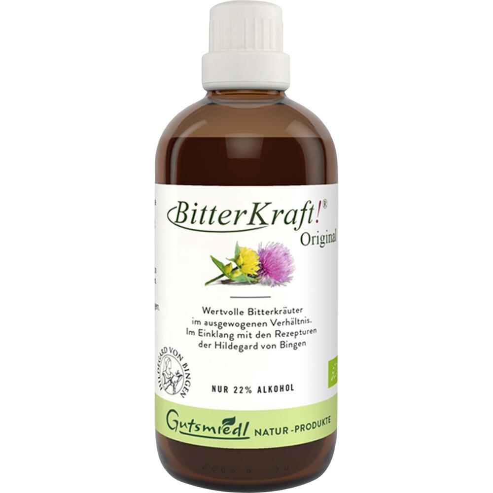 Braune Glasflasche mit dem Aufdruck "BitterKraft!" und Blumenabbildung.