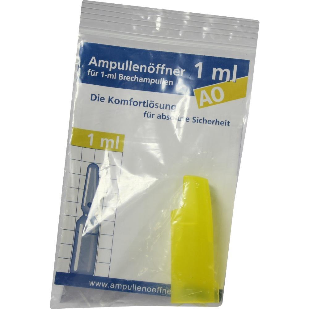 Ein gelber Ampullenöffner in einer Verpackung für 1 ml Ampullen.