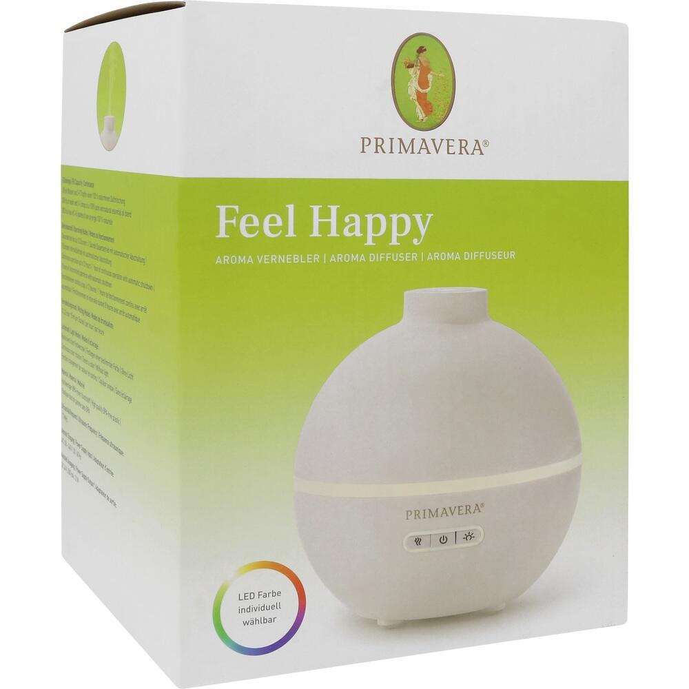 Weiße Verpackung mit einem runden Aroma-Diffuser und dem Text "Feel Happy".
