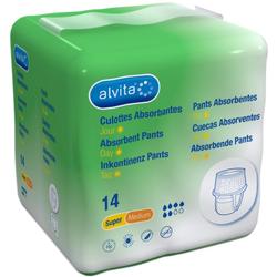 Eine grüne Packung mit absorbierenden Inkontinenzhosen von alvita in Größe Medium.