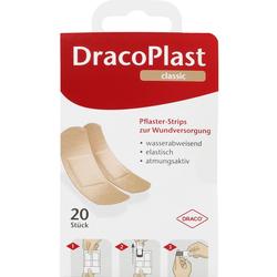 Verpackung von Pflaster-Strips zur Wundversorgung mit 20 Stück und Anwendungshinweisen.