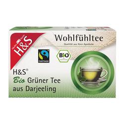 Verpackung von H&S Bio Grüntee aus Darjeeling mit Fairtrade-Siegel.